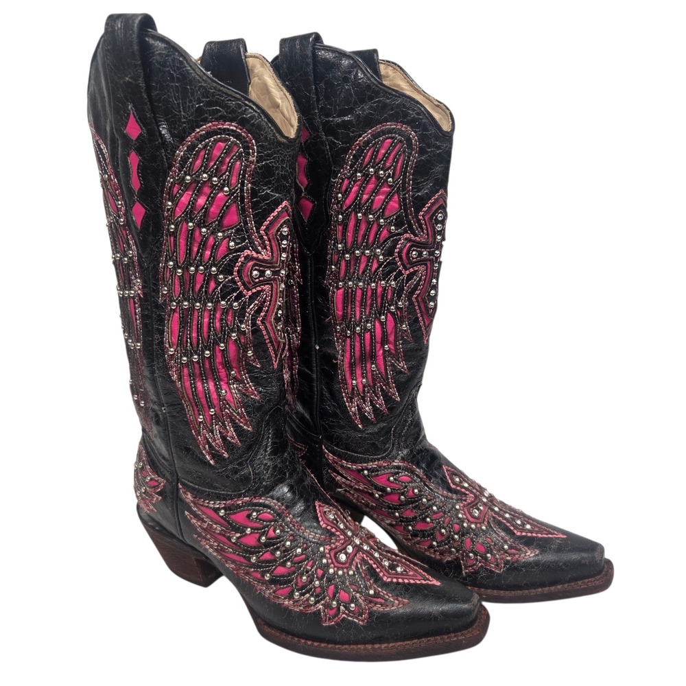 Corral Vintage Boots Women 5.5 Black Pink Wing Cross Studded A1049 Western Snip